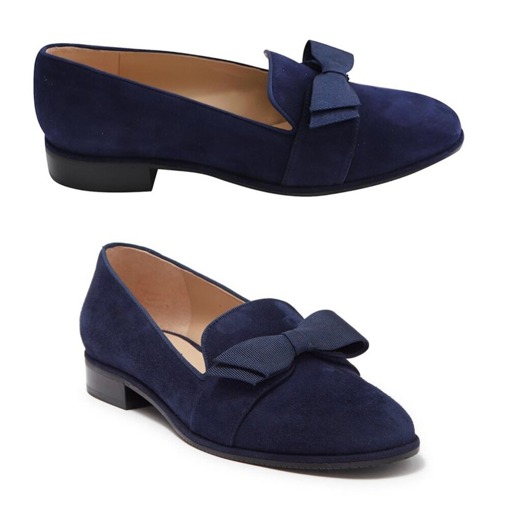 $550 STUART WEITZMAN Keegan Suede Bow Loafer Navy SUEDE 10AA